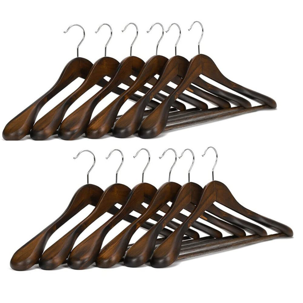 Wooden Hangers Pack of 10, Extra Wide Shoulder Wooden Suit Hangers with Trouser Bar and Non-Slip Grip in Walnut Finish