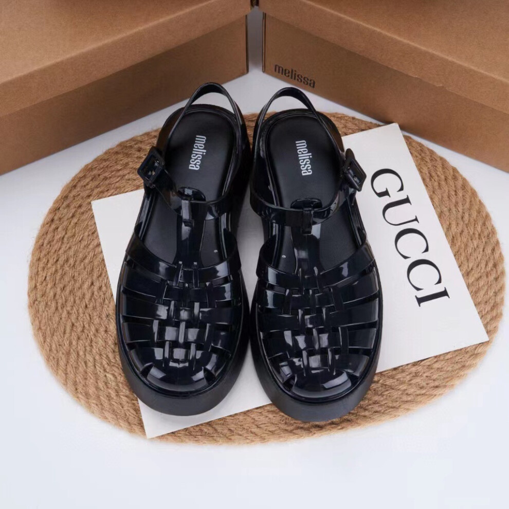 (Black, 38=Length 24cm/9.45in) Woven Thicksoled Melissa Jelly Sandals Adult Summer Beach Women Roundtoe Shoes-image-OPC-PK2RWYG-NEW