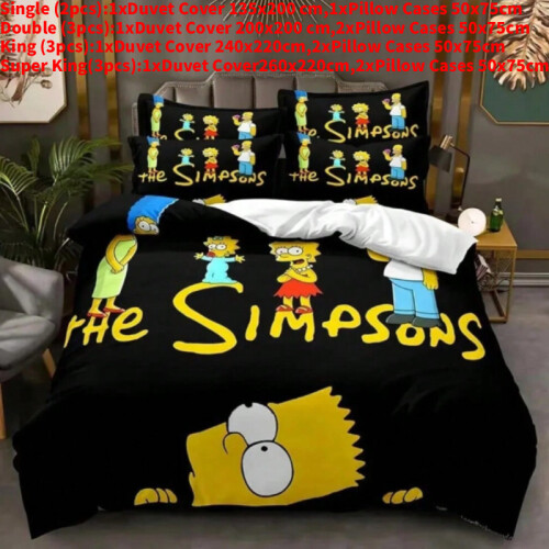 (Black, Double(200x200cm)) Pattern The Simpsons Digital Print Duvet Cover Pillowcase Set Bedding Bedroom