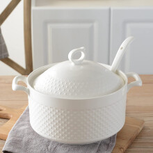 Ceramic Soup Bowls with Handles 3600ml, White Noodle Ramen Curry Bowl, Serving Soup Bowls with Lid and Ladle