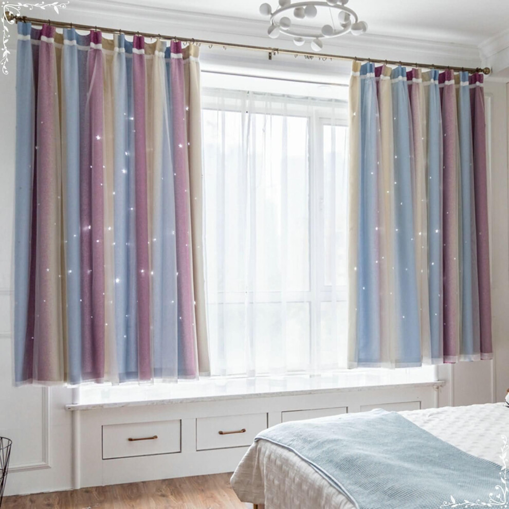Blackout Curtains with Hooks, Double Layer Star Pattern Gradient Stripes, Yellow Purple Blue, 107x160 cm, 2-Piece Set-image-OPC-PK2T9F7-NEW