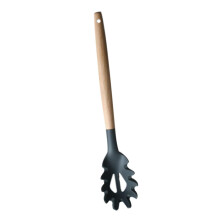 Silicone Pasta Spoon with Wooden Handle, Multi-Functional Serving Tool for Spaghetti, Noodles, Eggs, and Dumplings
