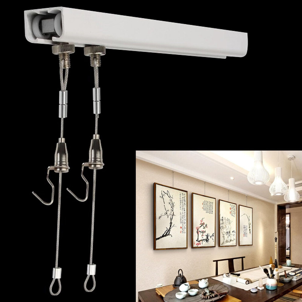 Picture Hanger White Adjustable Wall/Ceiling Hanging System 1M Rail With 3M Wire Heavy Duty With Hooks For Home Gallery 6947110582368