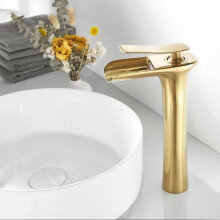 Basin Faucets, Gold Single Hole Waterfall Kitchen Faucet, Hot Cold Undermount Basin Faucet, Modern Design