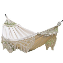 White Linen Rope Hammock with Macrame, Durable Indoor Outdoor Patio and Porch Relaxation for Camping, Bedroom, Beach