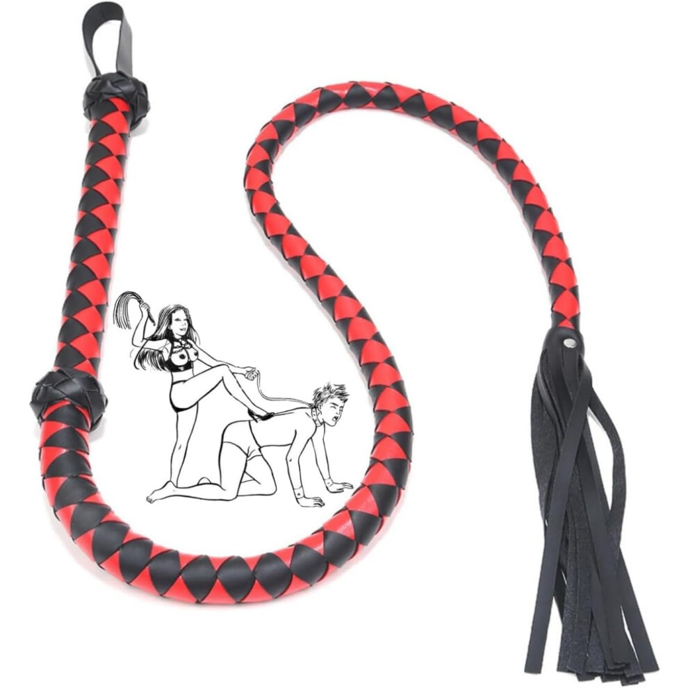 Black/Red Long And Horse Whip For Role Play, 48 Inch Faux Leather Riding Whip Accessory