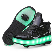 Flashing LED Skating Shoes for Children, USB Rechargeable Roller Skates for Boys and Girls, Black Size 31 EU