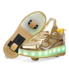 Flashing LED Skating Shoes for Children, USB Charging Roller Skates for Boys and Girls, Gold Color, Size 33 EU