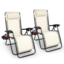 (Cream) KEPLIN Set of 2 Heavy Duty Monocolor Textoline Zero Gravity Chairs for Garden Light Reclining Patio Sun loungers Easy to Clean Adjustable He