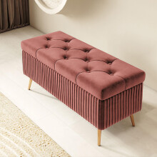 Velvet Ottoman Bench with Storage Space and Gold Base, Modern Upholstered Bedroom Footstool, 60x40x45cm, Rose Color