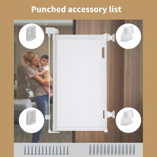 Retractable Pet Gate with Wall Mount Hardware, Adjustable Width, Floor Plate, and Hooks for Home Use 1