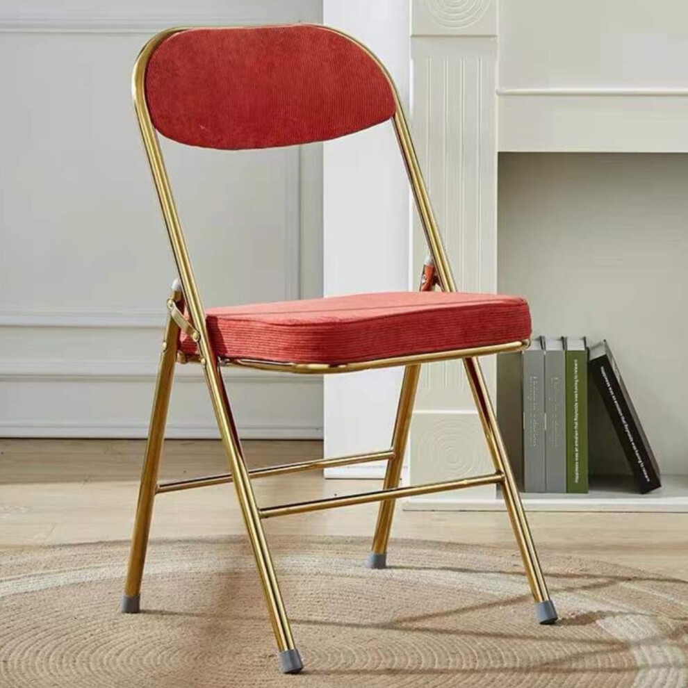 Retro Folding Chair, Cord Upholstered Dining Chair, Stackable Commercial Stools with Backrest, Red Gold Color-image-OPC-PK2VFNV-NEW