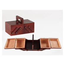 Portable Sewing Basket Organizer for Sewing and Embroidery Accessories, Brown Wooden Foldable Storage Box for Beginners and Travel