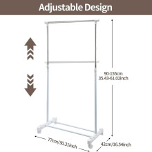 (Single pole white) GoDyna Clothes Rail for Bedroom Adjustable Garment Rack with Wheels 83x42x95-160cm Hanging Rail for Clothes Single Clothing Rail Clothes Org