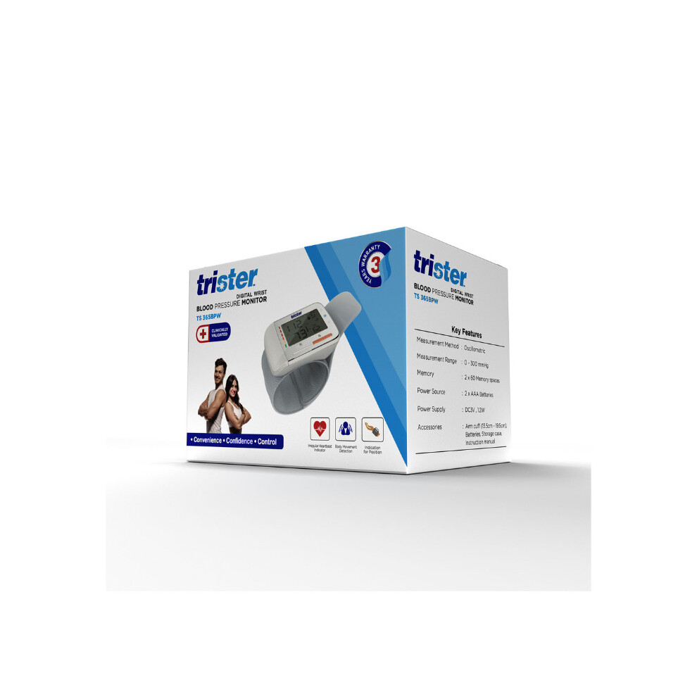 Trister Digital Wrist Blood Pressure Monitor TS-365BPW | Automatic Portable BP Cuff for Home Use, Irregular Heartbeat & Memory Function