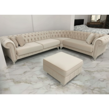 (Pink Velvet, 5 Seater Corner) Velvet Chesterfield 4/5/6-Seater Corner Settee Chaise Lounge Couch Sofa for Living Room