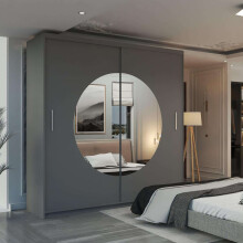 (Grey, 150cm) Round Mirror Sliding Wardrobe