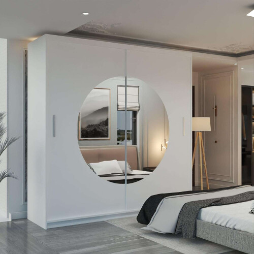 (White, 150cm) Round Mirror Sliding Wardrobe