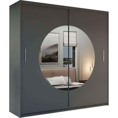 (Grey, 203cm) Round Mirror Sliding Wardrobe 2