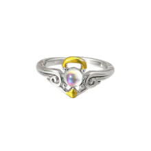 (B) Women Ring Faux Moon Stone Bat Wing Shape Hollow Adjustable Open Ring Prom Party Lady Finger Ring