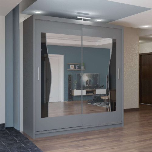 (Grey, 150cm) Sliding Wardrobes 4U LED Mirror Sliding Wardrobe