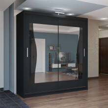 (Black, 150cm) Sliding Wardrobes 4U LED Mirror Sliding Wardrobe
