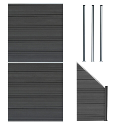 Composiet Schutting Panelen x 2, Schuin Paneel & LED Palen x 3 - Grijs