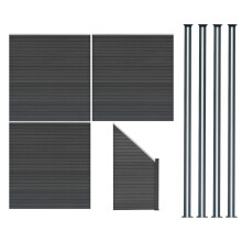 WPC Sichtschutzzaun x3, Eckstück x1 & LED Zaunpfosten x4 - Grau