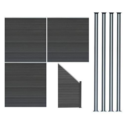 Composiet Schutting Panelen x 3, Schuin Paneel & LED Palen x 4 - Grijs