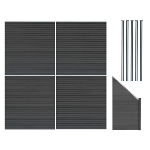 Composiet Schutting Panelen x 4, Schuin Paneel & LED Palen x 5 - Grijs