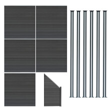 WPC Sichtschutzzaun x5, Eckstück x1 & LED Zaunpfosten x6 - Grau