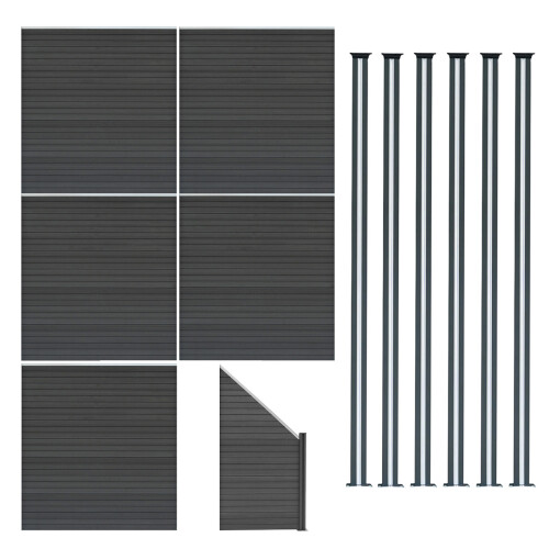 Composiet Schutting Panelen x 5, Schuin Paneel & LED Palen x 6 - Grijs