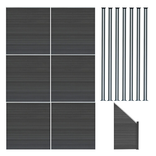 Composiet Schutting Panelen x 6, Schuin Paneel & LED Palen x 7 - Grijs