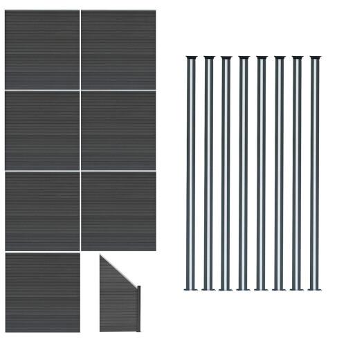 Composiet Schutting Panelen x 7, Schuin Paneel & LED Palen x 8 - Grijs