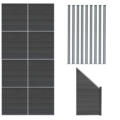 Composiet Schutting Panelen x 8, Schuin Paneel & LED Palen x 9 - Grijs