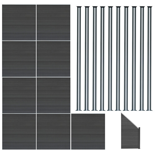 Composiet Schutting Panelen x 9, Schuin Paneel & LED Palen x 10 - Grijs