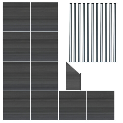 Composiet Schutting Panelen x 10, Schuin Paneel & LED Palen x 11 - Grijs