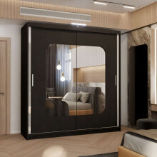 (Black, 150cm) Double Mirror Sliding Door Wardrobe