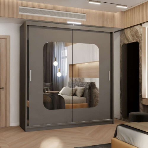 (Grey, 120cm) Double Mirror Sliding Door Wardrobe