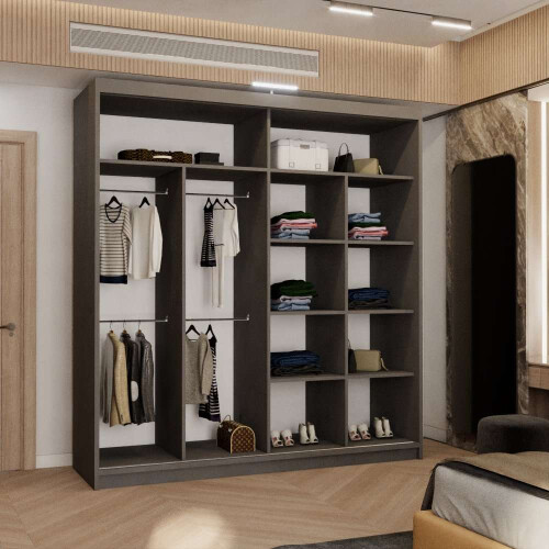 (Grey, 203cm) Double Mirror Sliding Door Wardrobe 2