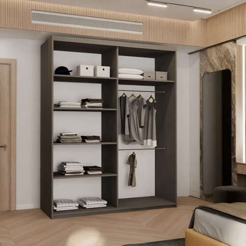 (Grey, 180cm) Double Mirror Sliding Door Wardrobe 2