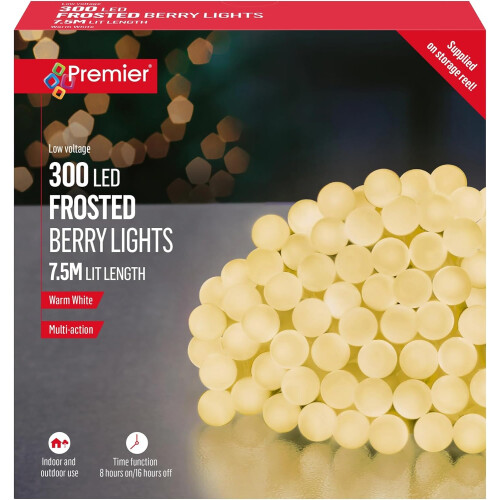 Premier 300 LED Mini Berry Lights Warm White Multi Action Timer 7.5M