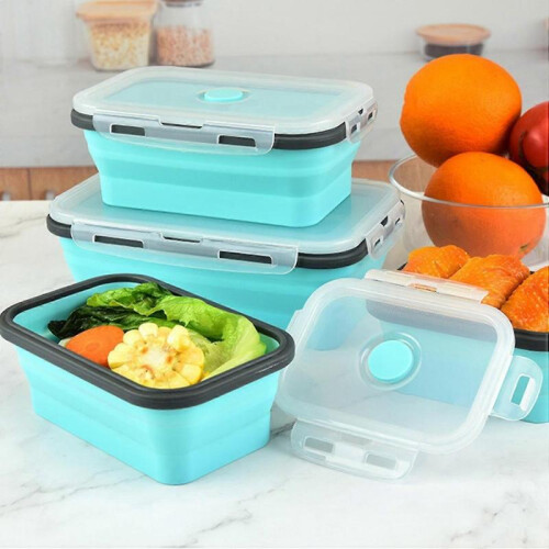 (Blue) 4Pcs/Set 350/500/800/1200ML Lunch Box Microwave Safe Foldable Sealed Silicone Bento Refrigerator 2