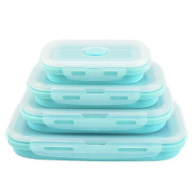 (Blue) 4Pcs/Set 350/500/800/1200ML Lunch Box Microwave Safe Foldable Sealed Silicone Bento Refrigerator