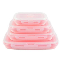 (Pink) 4Pcs/Set 350/500/800/1200ML Lunch Box Microwave Safe Foldable Sealed Silicone Bento Refrigerator