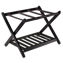 Luggage Rack Black - Foldable Wooden Suitcase Stand, Solid Black Wood Storage Shelf for Hotels and Bedrooms, 1PC