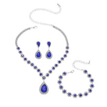 (Blue) 3Pcs/Set Women Jewelry Set Waterdrop Shape Rhinestones Inlaid Necklace Dangle Earrings Adjustable