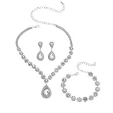 (White) 3Pcs/Set Women Jewelry Set Waterdrop Shape Rhinestones Inlaid Necklace Dangle Earrings Adjustable