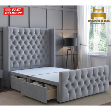 (Grey Velvet, 3ft Single ) Velvet Winged Back Divan Double Bed Base with 54in Headboard, 2 Storage Drawers Footend Hand Made UK