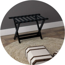 Luggage Rack for Guest Room, Foldable Suitcase Stand, Lightweight Solid Wood Hotel Belt with Hanging Rod, Black 80x45x58cm